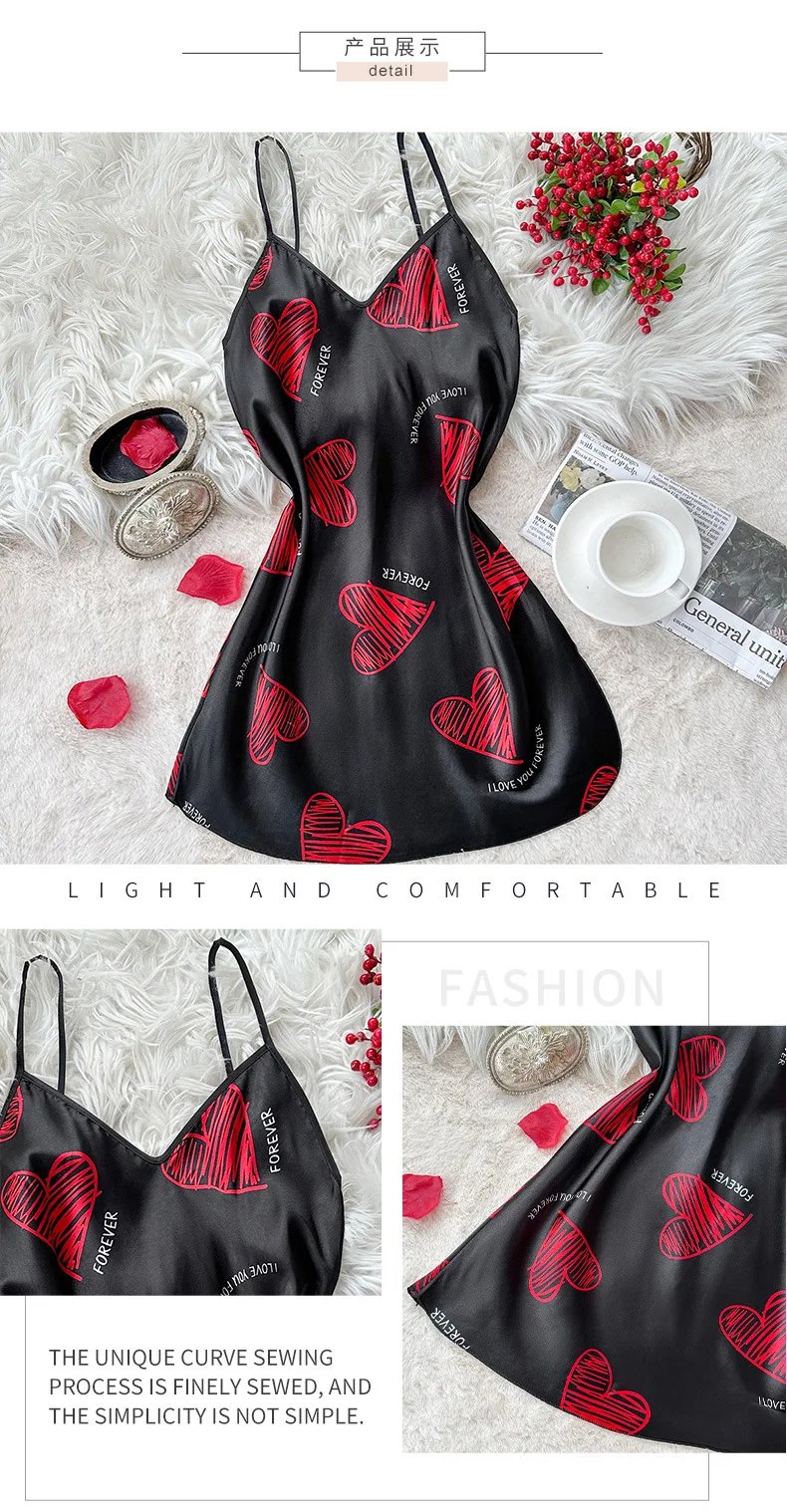 Black Satin Mini Dress with Red Heart Print Black Satin Mini Dress with Red Heart Print