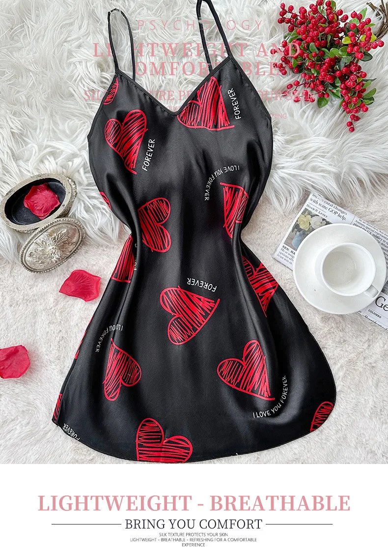 Black Satin Mini Dress with Red Heart Print Black Satin Mini Dress with Red Heart Print