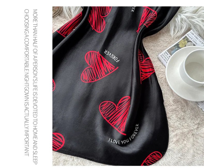 Black Satin Mini Dress with Red Heart Print Black Satin Mini Dress with Red Heart Print