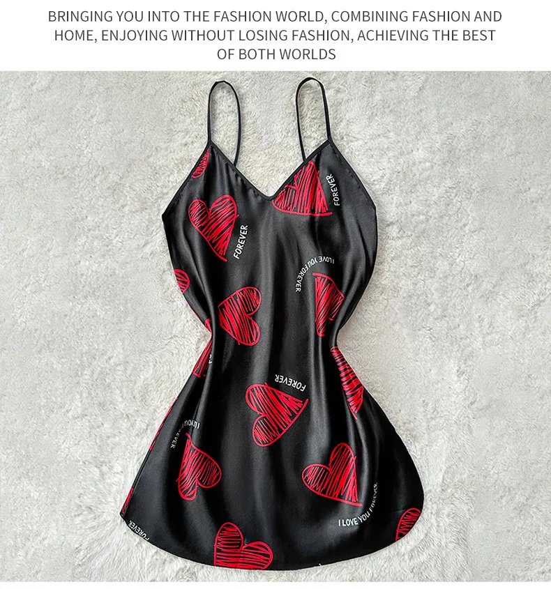 Black Satin Mini Dress with Red Heart Print Black Satin Mini Dress with Red Heart Print