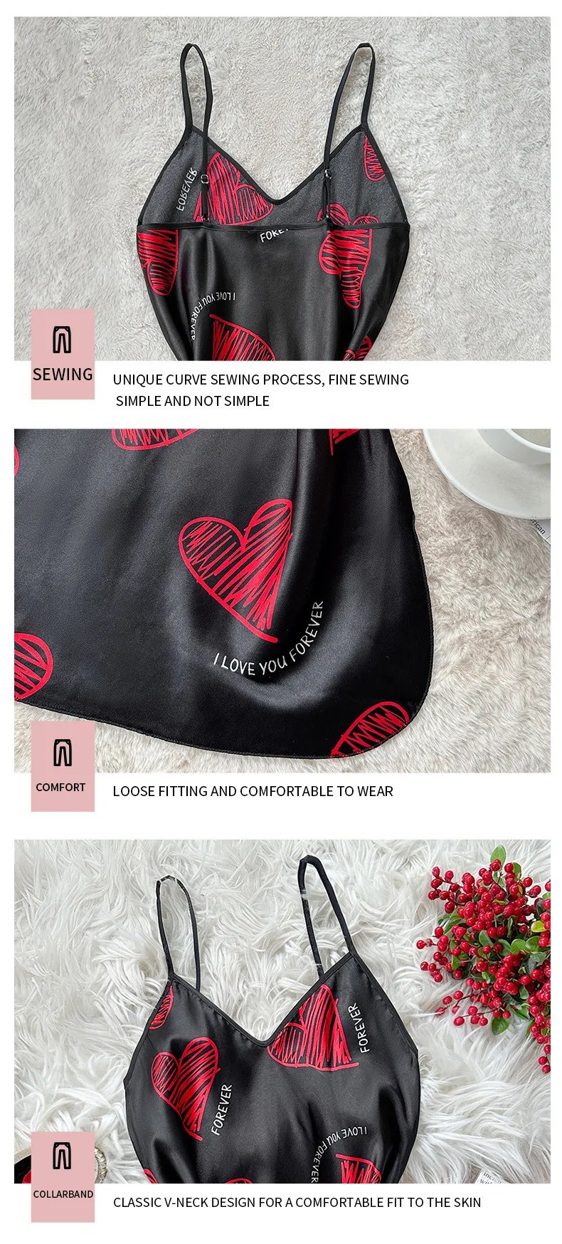 Black Satin Mini Dress with Red Heart Print Black Satin Mini Dress with Red Heart Print