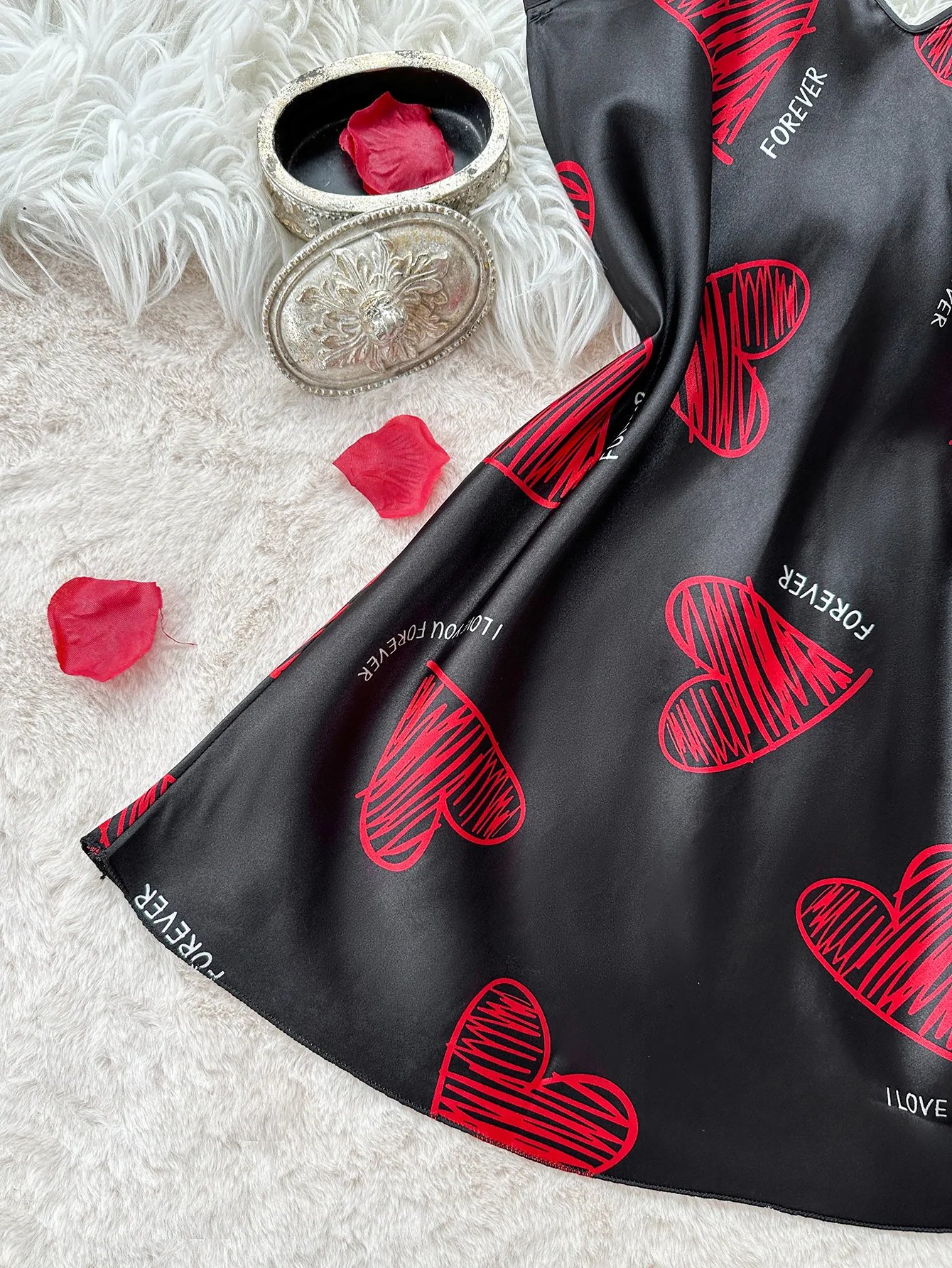 Black Satin Mini Dress with Red Heart Print Black Satin Mini Dress with Red Heart Print