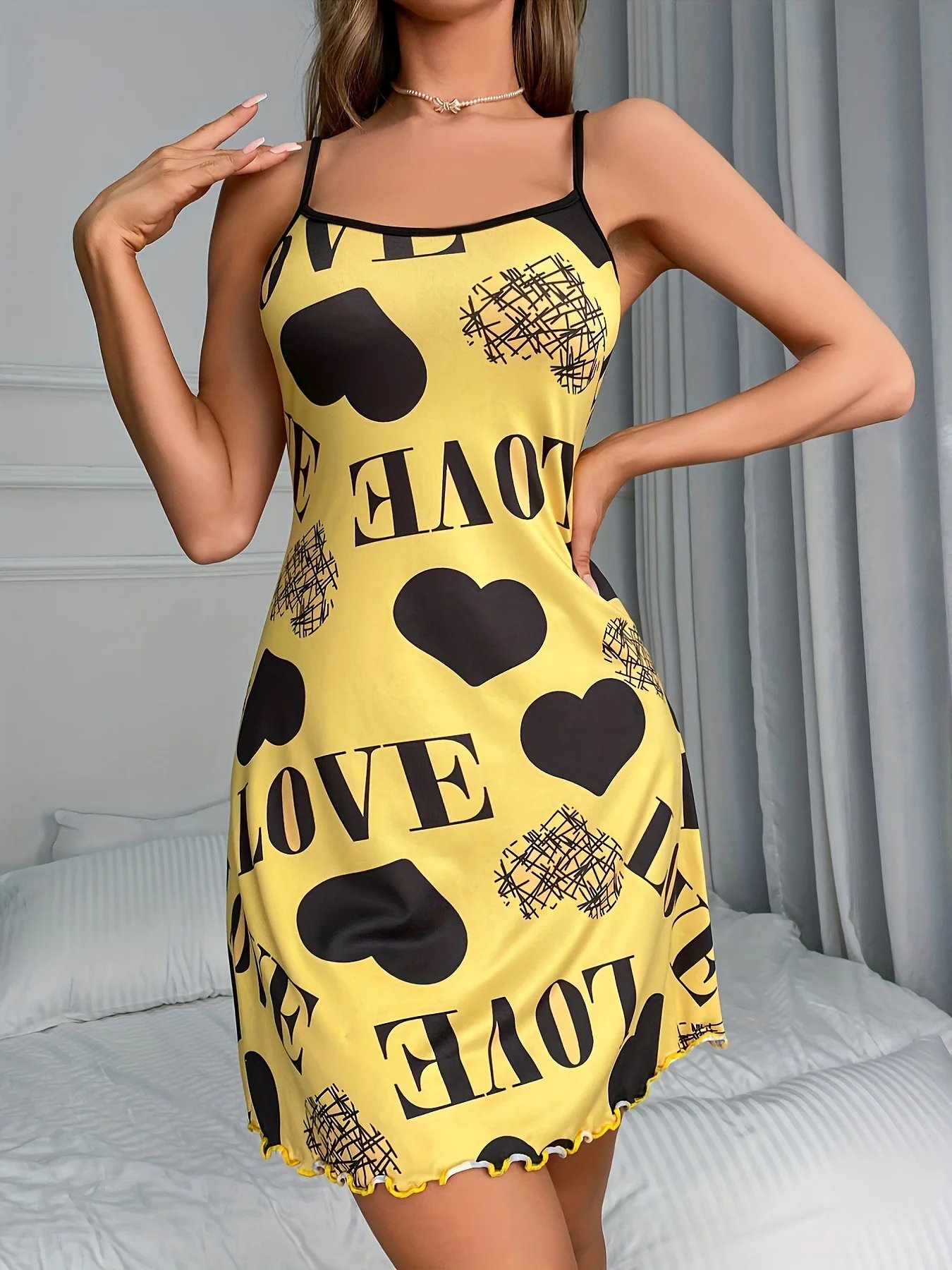 Heart LOVE Print Slip Dress – Women’s Summer Nightgown