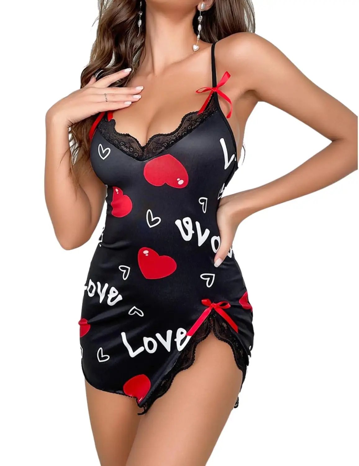 Sexy Black Satin Nightgown – Heart Print Lace Chemise