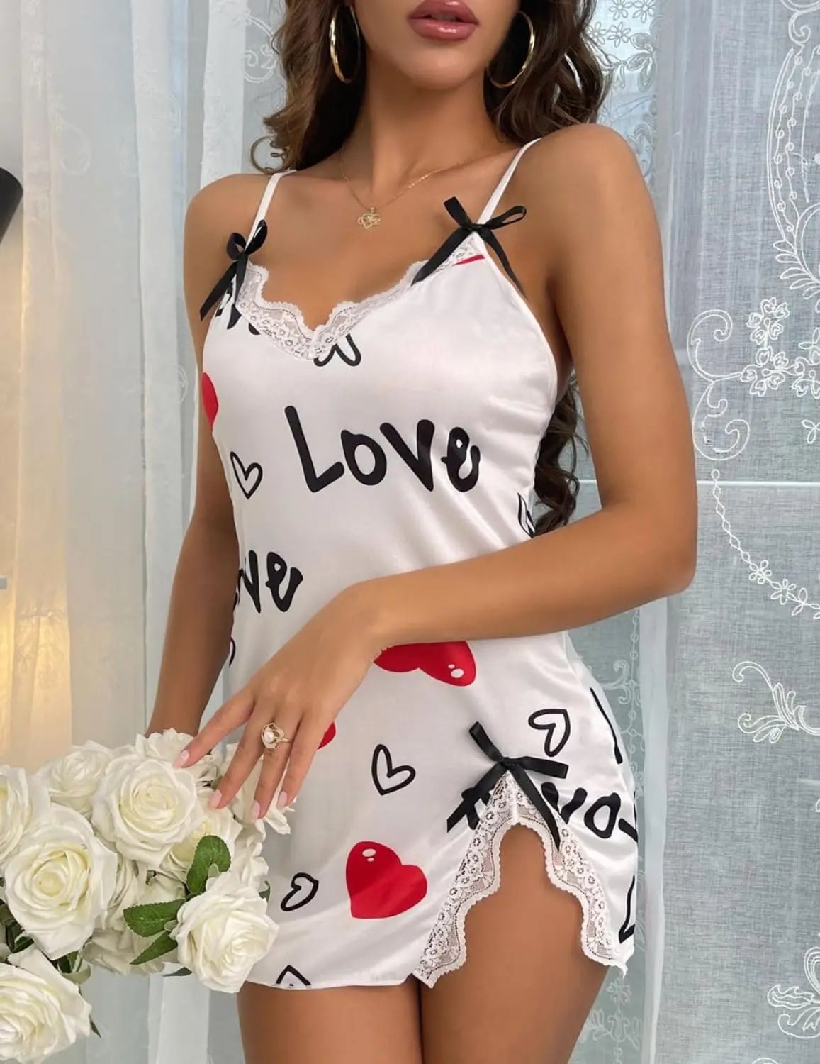 Sexy Black Satin Nightgown – Heart Print Lace Chemise