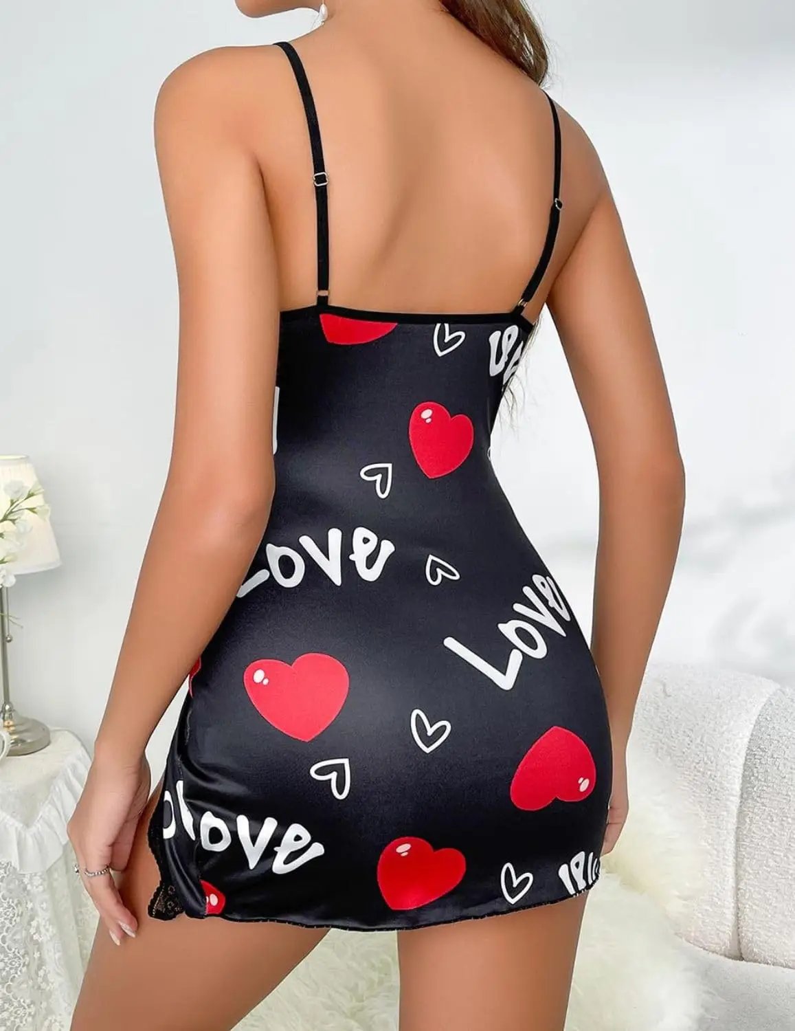 Sexy Black Satin Nightgown – Heart Print Lace Chemise