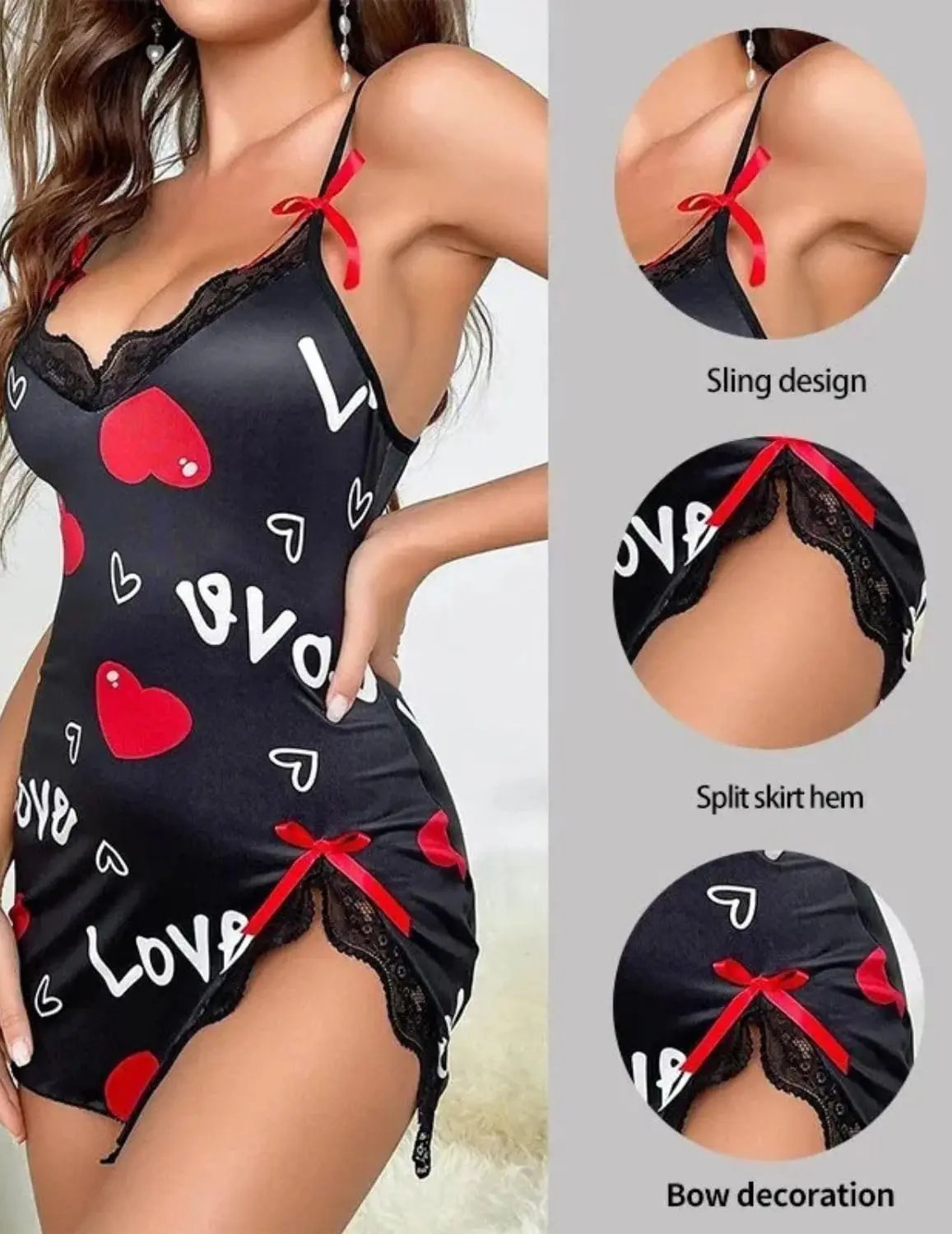 Sexy Black Satin Nightgown – Heart Print Lace Chemise