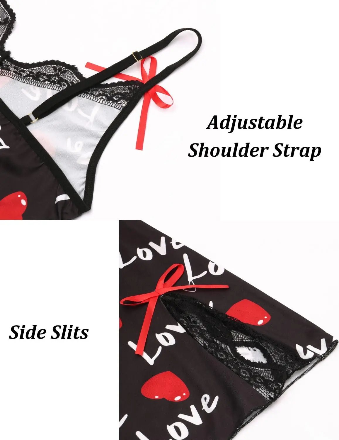 Sexy Black Satin Nightgown – Heart Print Lace Chemise