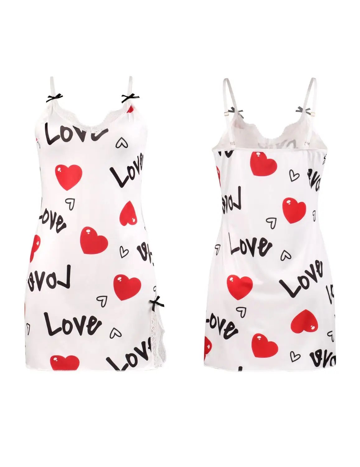 Sexy Black Satin Nightgown – Heart Print Lace Chemise