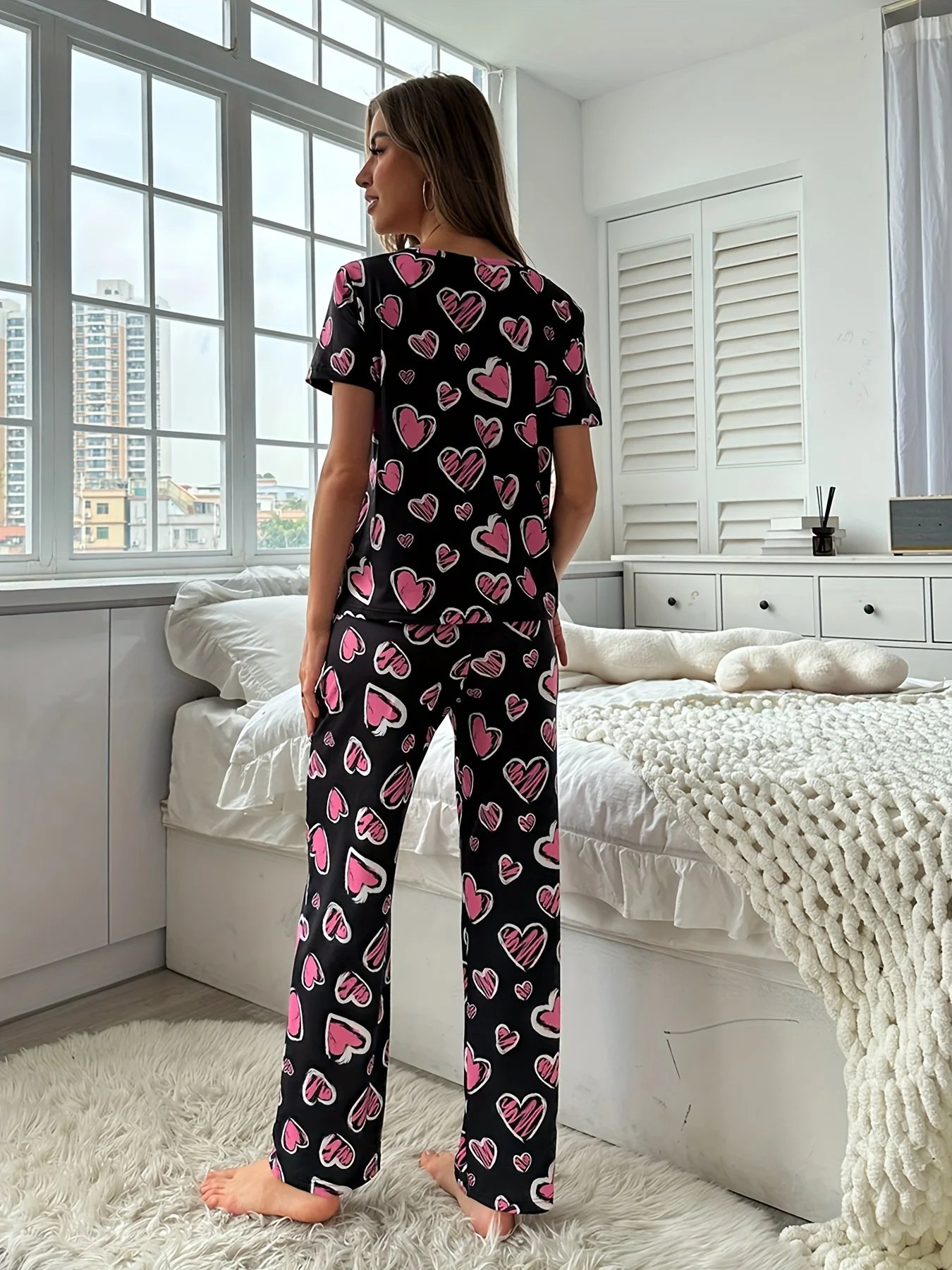 Heart Print Pajama Set – Women’s Cute Loungewear
