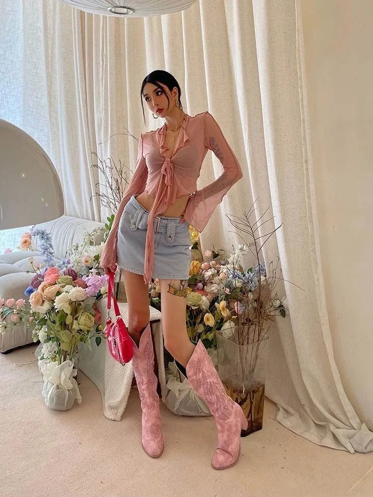 Women Mesh Lace-Up Sheer Flared Sleeve Blouse