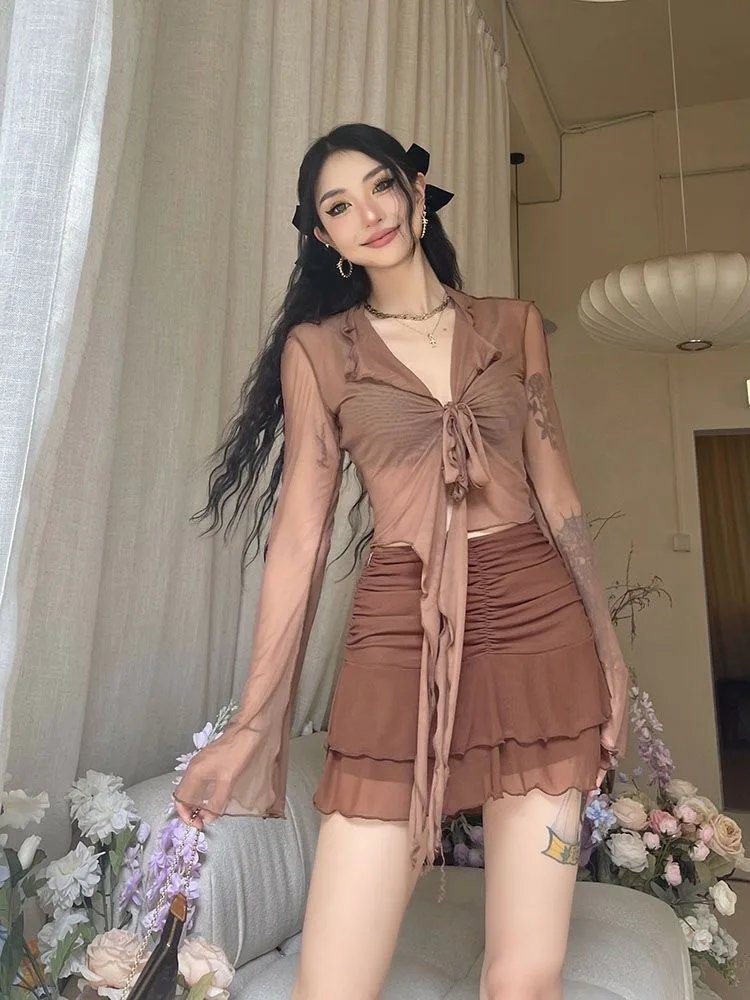 Women Mesh Lace-Up Sheer Flared Sleeve Blouse