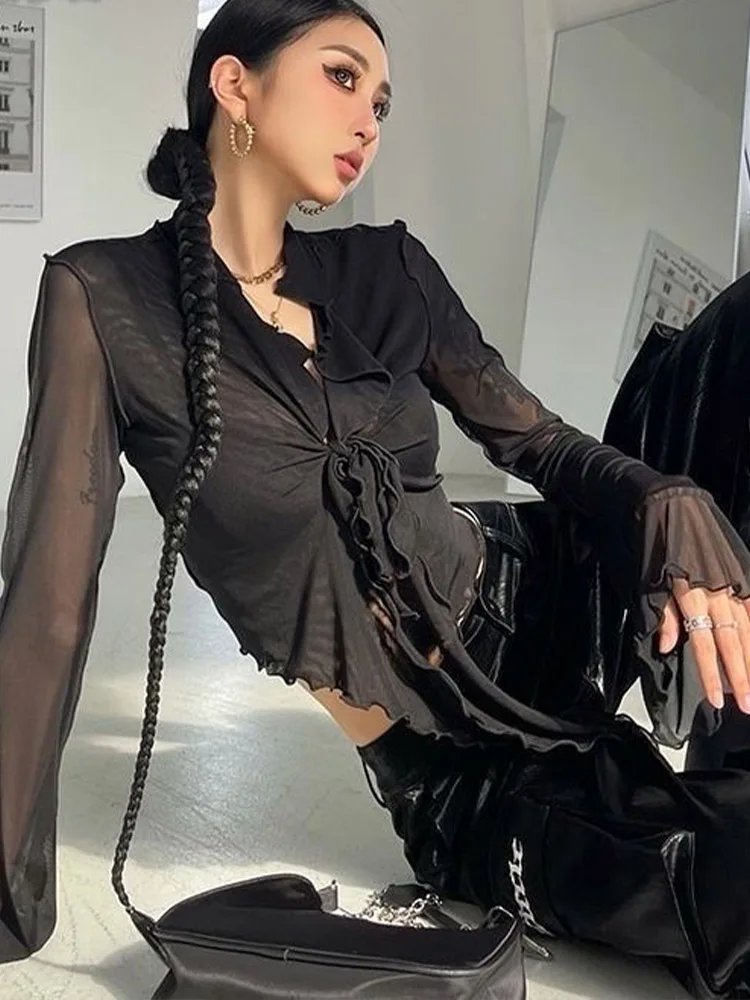 Women Mesh Lace-Up Sheer Flared Sleeve Blouse