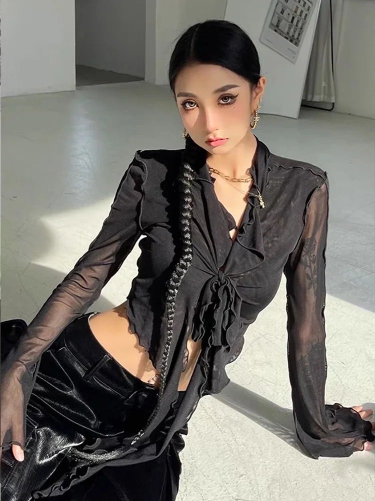 Women Mesh Lace-Up Sheer Flared Sleeve Blouse