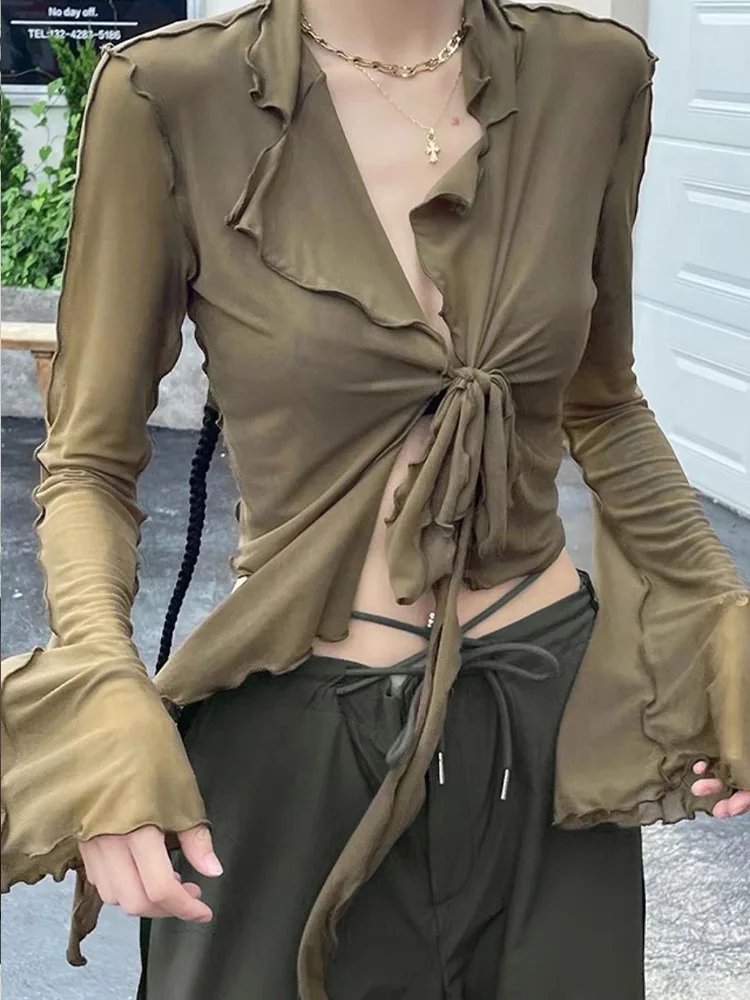 Women Mesh Lace-Up Sheer Flared Sleeve Blouse