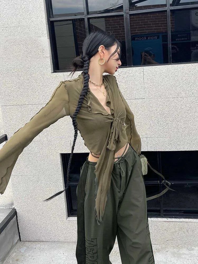 Women Mesh Lace-Up Sheer Flared Sleeve Blouse