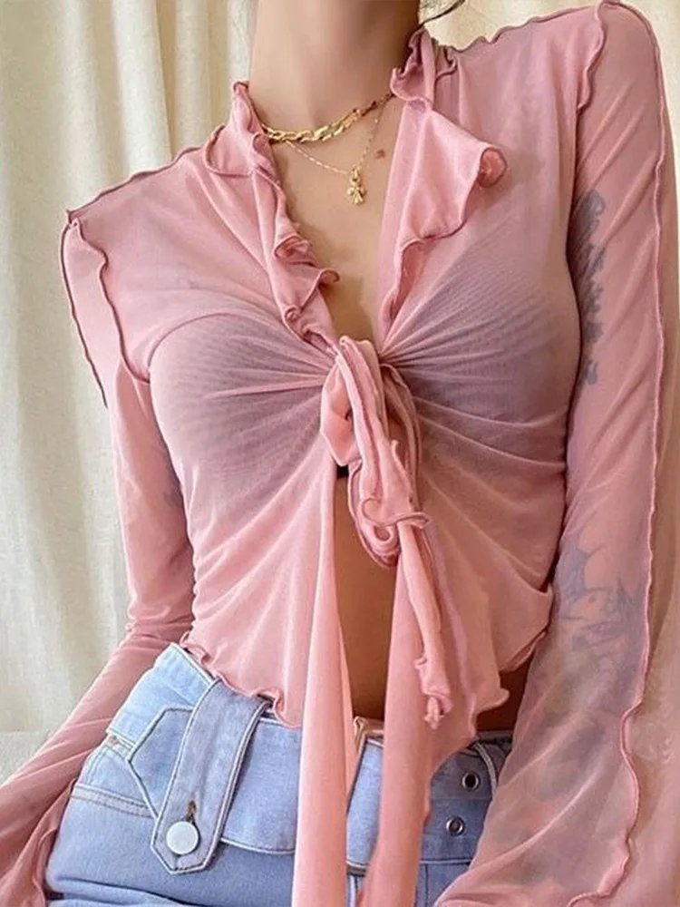Women Mesh Lace-Up Sheer Flared Sleeve Blouse