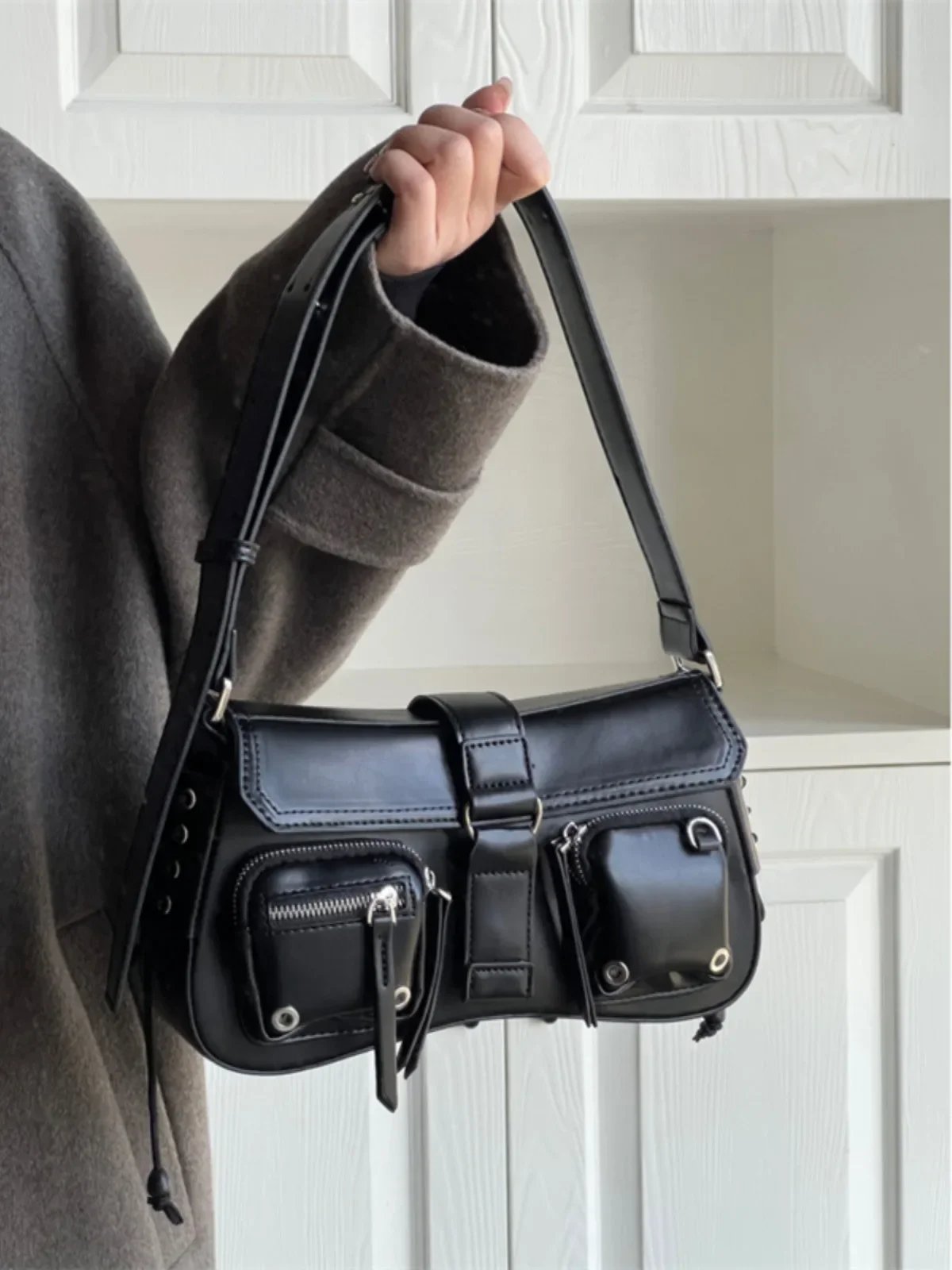 Women Y2K Gothic Punk Black Shoulder Handbag