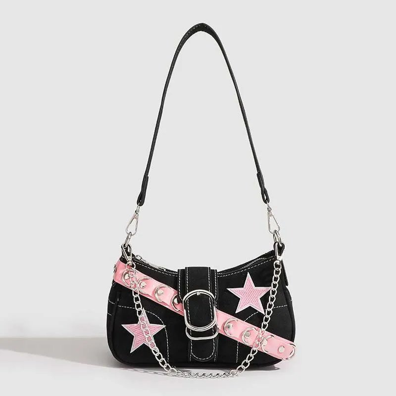 Women Y2K Star Embroidery Mini Shoulder Chain Bag