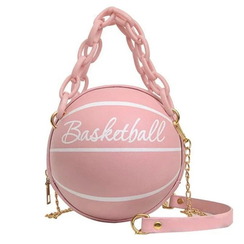 Trendy Pink Basketball Round Crossbody Chain Bag