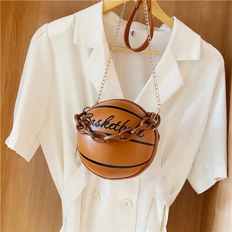 Trendy Pink Basketball Round Crossbody Chain Bag
