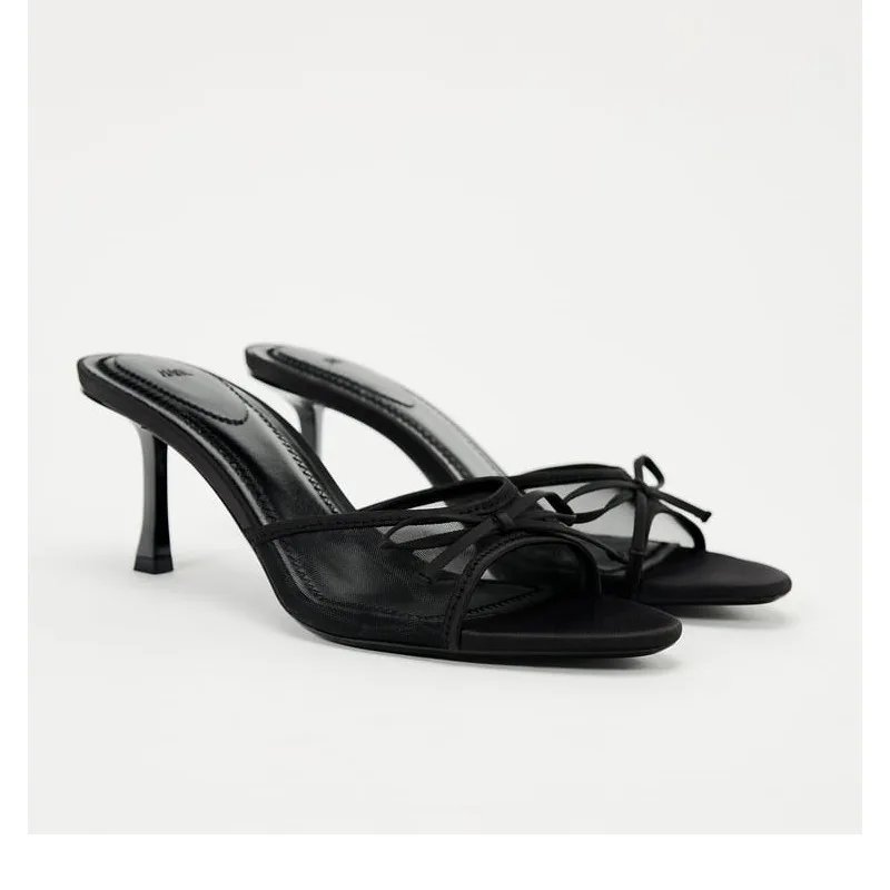 Women Mesh Lace Bow High Heels Elegant Sandals