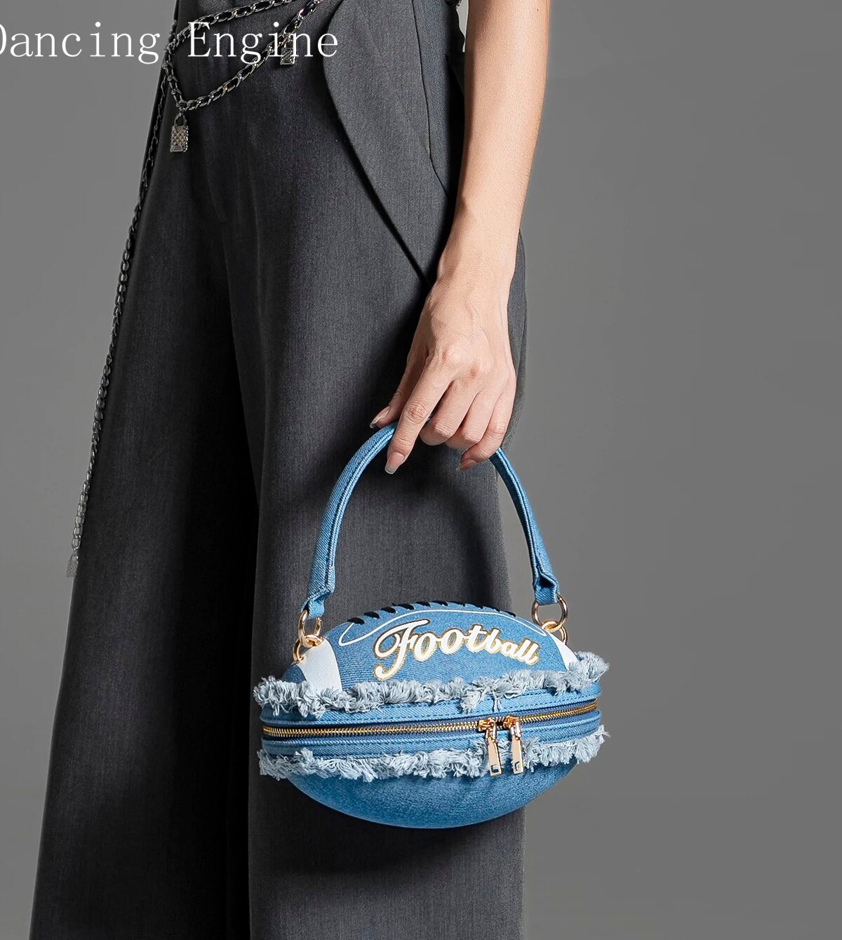 Luxury Denim Football Shaped Handbag for Women