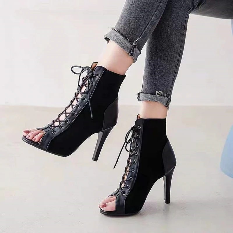 Black Lace-Up Peep Toe Heels for Women 9CM Boots