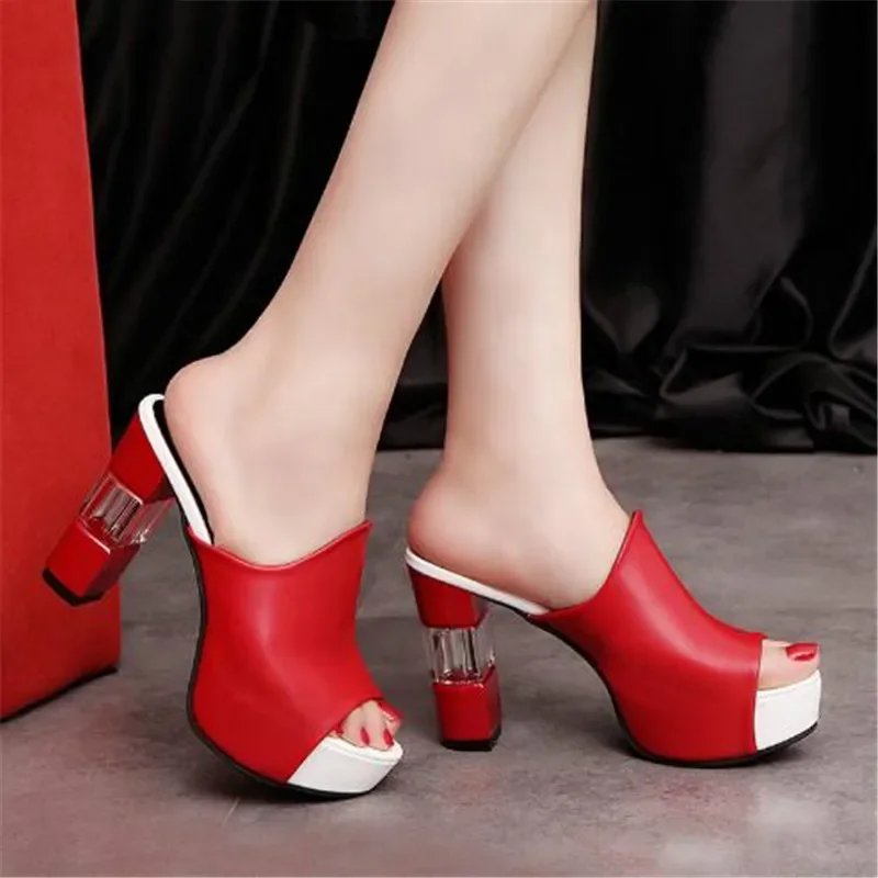 Red Platform Mule Heels for Women with Transparent Heel