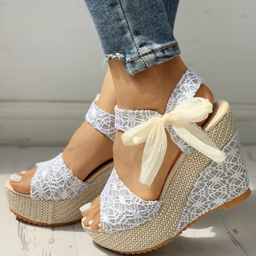 Lace Wedge Sandals with Ribbon Ties for Women