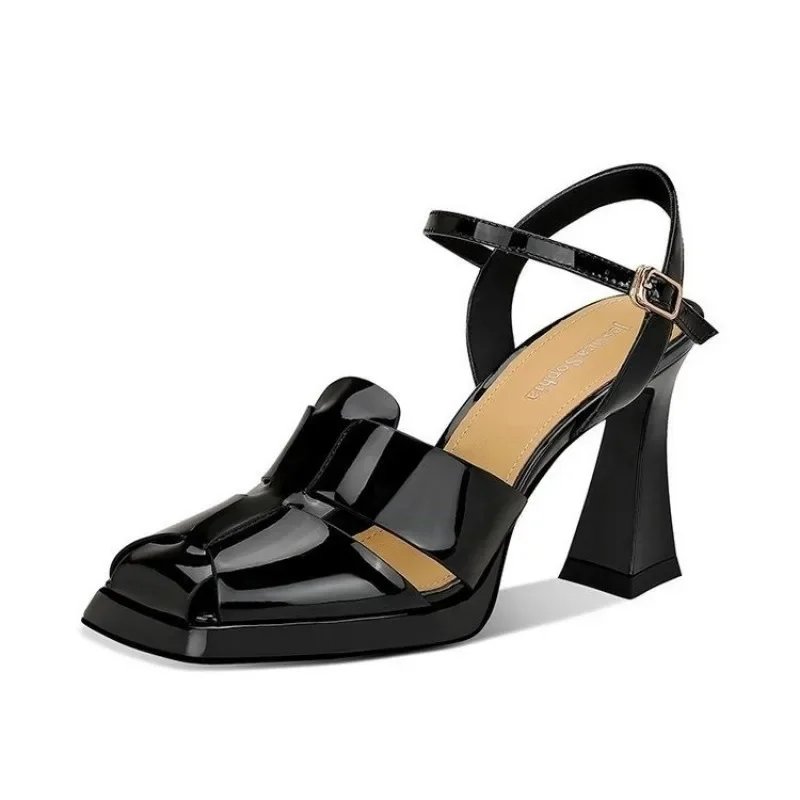 Black Patent Platform Heels with Ankle Strap