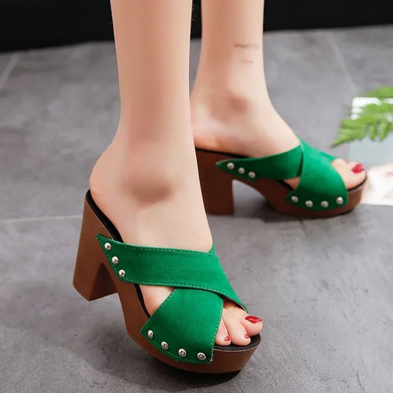 Green Platform Sandals with Block Heel for Women