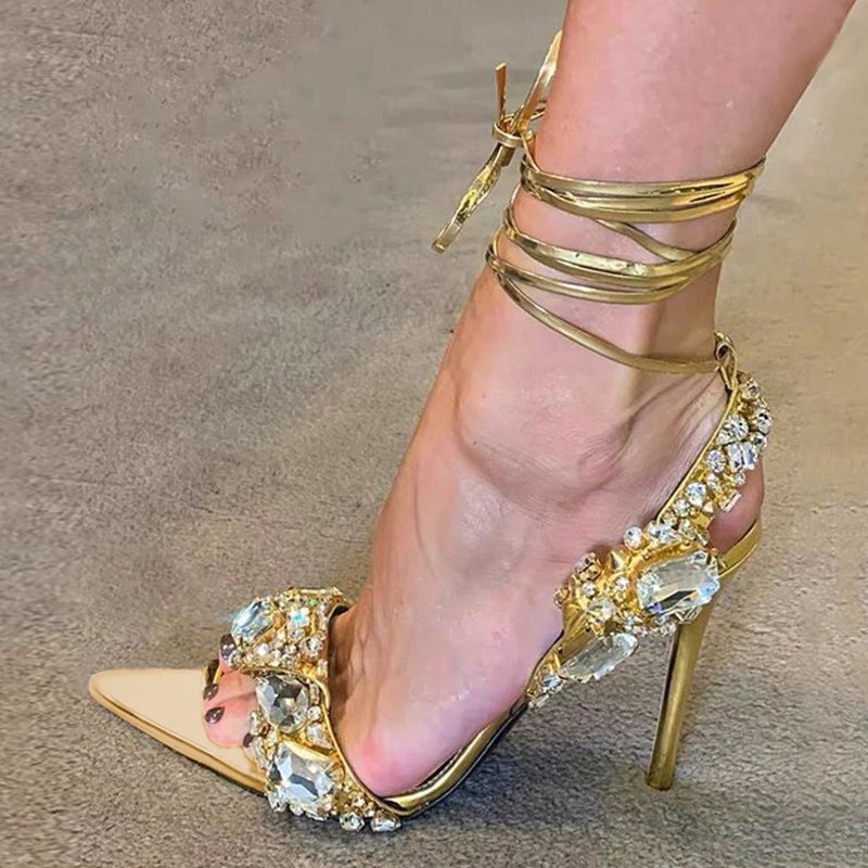 Gold Crystal Stiletto Sandals with Ankle Wrap