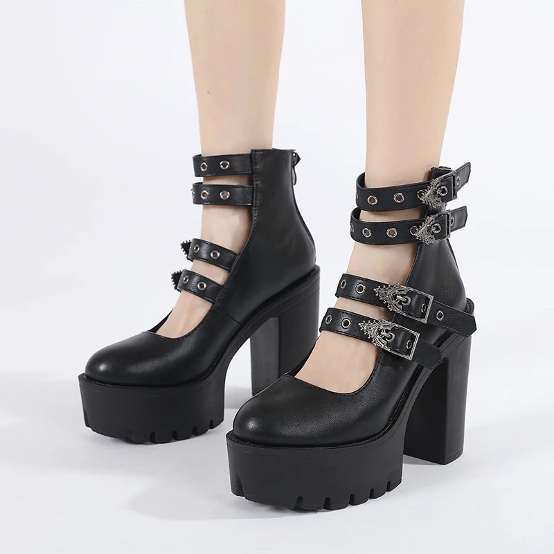 Goth Block Heels for Women – Platform Buckle Pumps