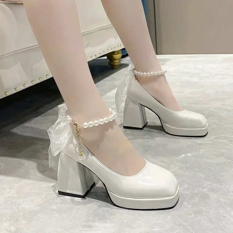 Women White Mary Jane Platform Heels Pumps