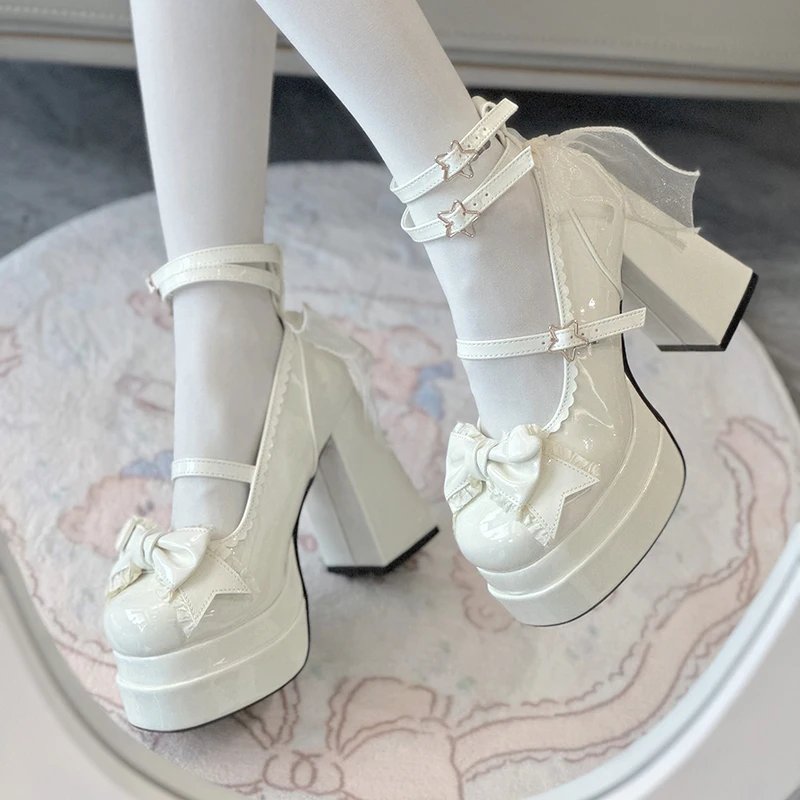 Women White Lolita Platform Butterfly Heels