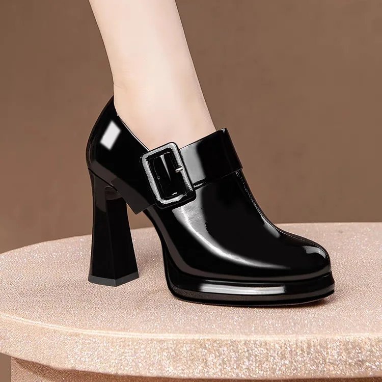 Black Patent Leather Chunky Heel Platform Pumps