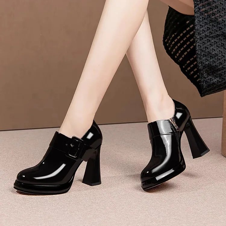 Black Patent Leather Chunky Heel Platform Pumps
