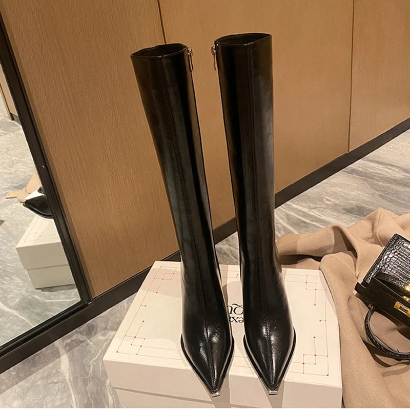 Women Brown Pointed Toe High Heel Boots