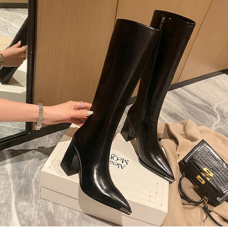 Women Brown Pointed Toe High Heel Boots