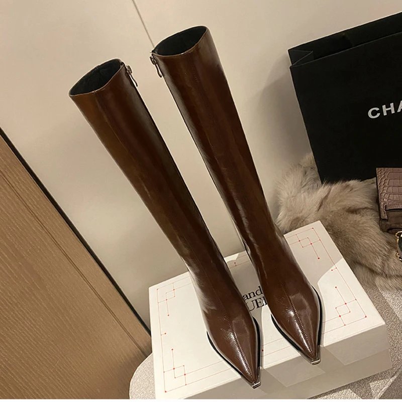 Women Brown Pointed Toe High Heel Boots
