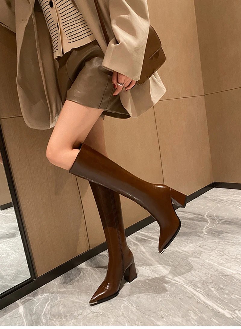 Women Brown Pointed Toe High Heel Boots