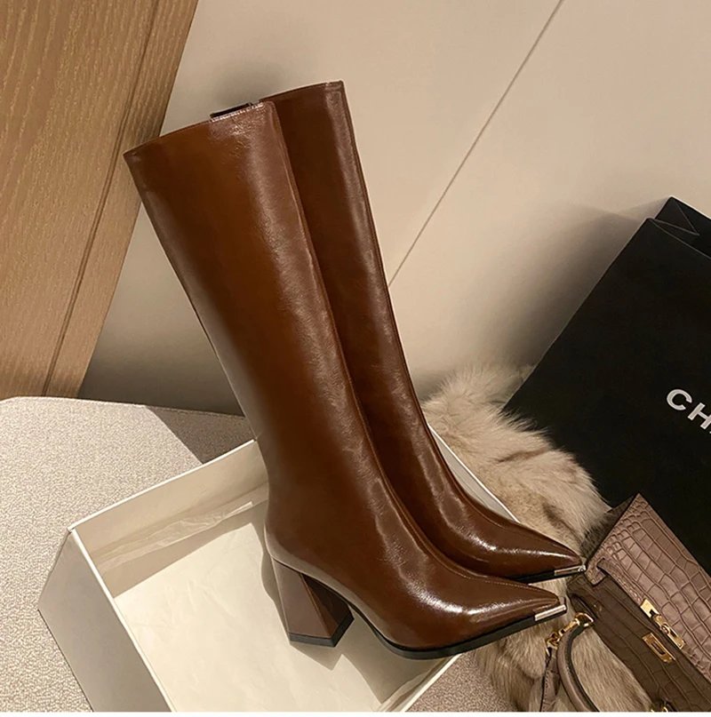 Women Brown Pointed Toe High Heel Boots