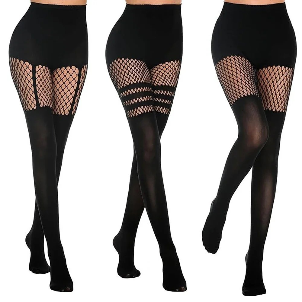 Black Fishnet Patchwork Tights for Women