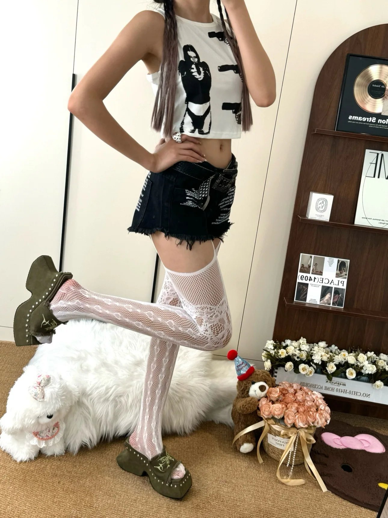 Women Fishnet Garter Belt Heart Thigh High Tights Women Fishnet Garter Belt Heart Thigh High Tights