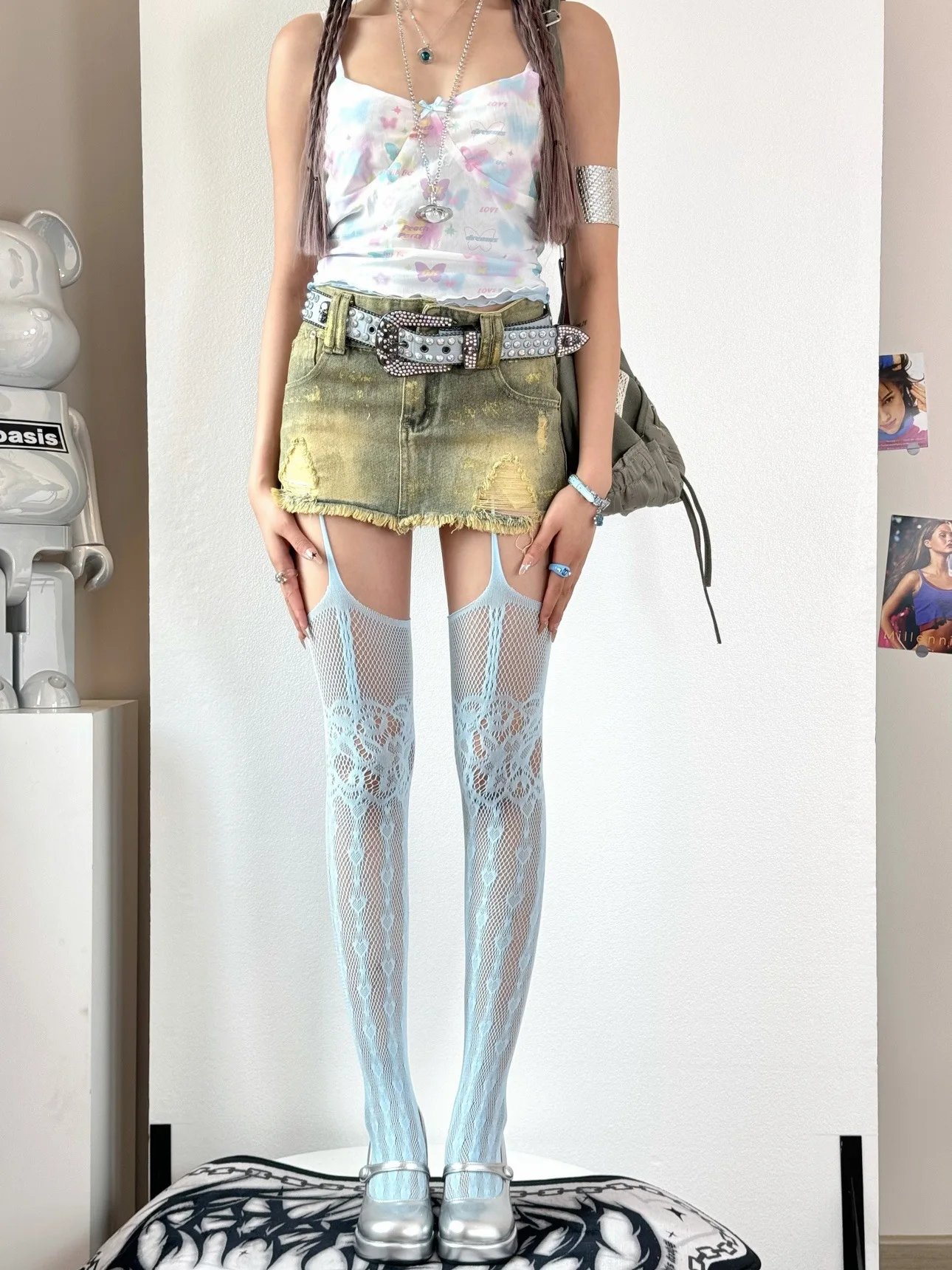 Women Fishnet Garter Belt Heart Thigh High Tights Women Fishnet Garter Belt Heart Thigh High Tights
