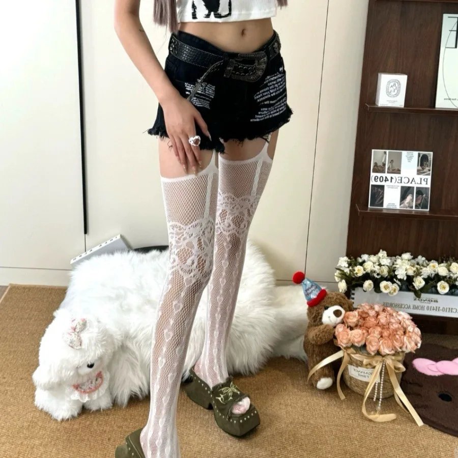 Women Fishnet Garter Belt Heart Thigh High Tights Women Fishnet Garter Belt Heart Thigh High Tights