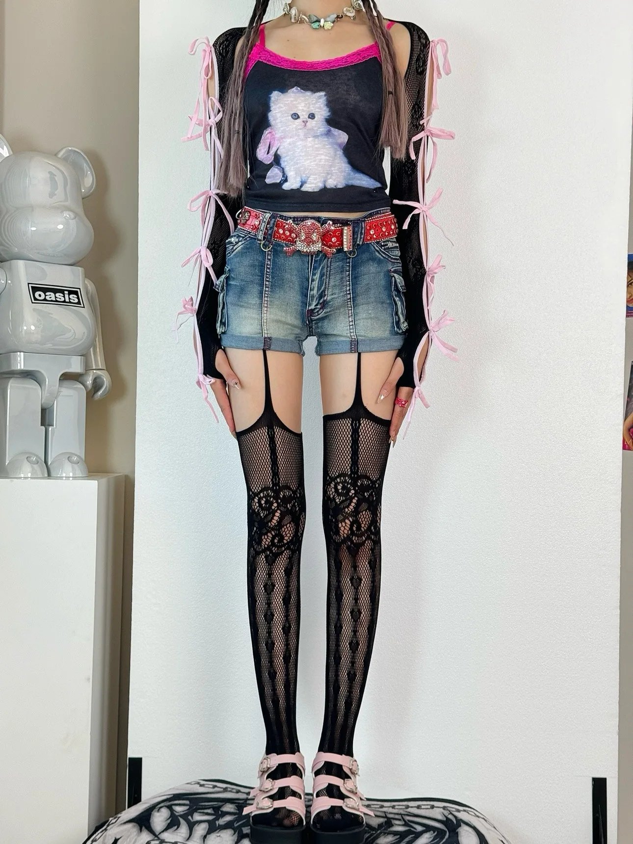 Women Fishnet Garter Belt Heart Thigh High Tights Women Fishnet Garter Belt Heart Thigh High Tights