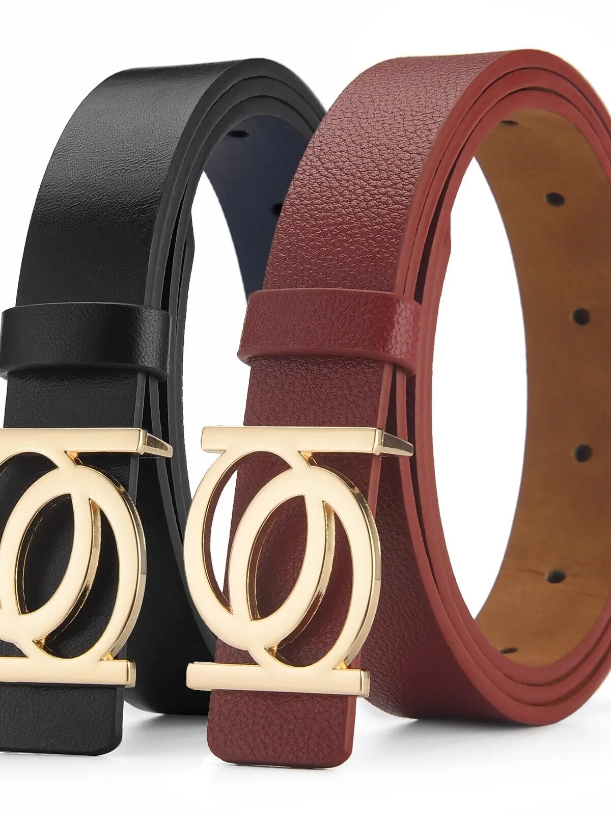 Women PU Leather Belt with Golden Double Ring Buckle