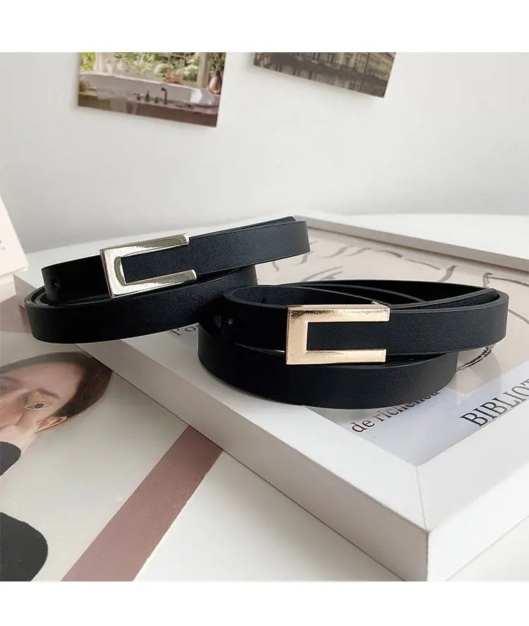Elegant Slim PU Leather Belt for Women with Gold Buckle